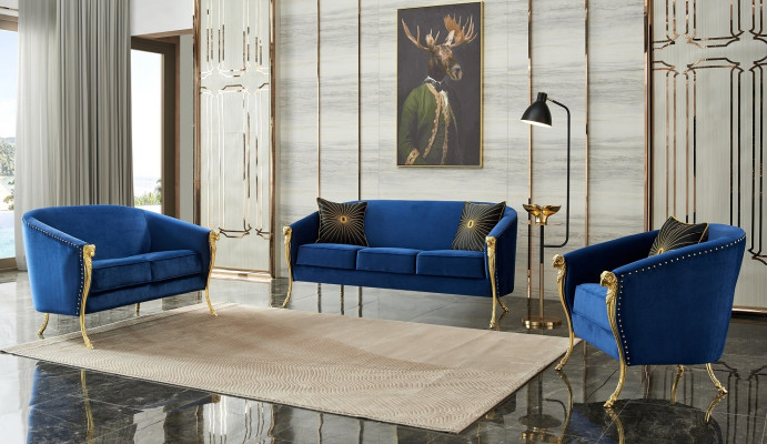 Luxe Fauteuil Rembourré 3+2+1 Sièges Bleu avec Jambes Dorées Coussin de Siège Nouveau