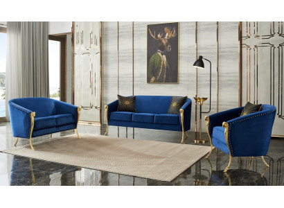 Luxe Fauteuil Rembourré 3+2+1 Sièges Bleu avec Jambes Dorées Coussin de Siège Nouveau