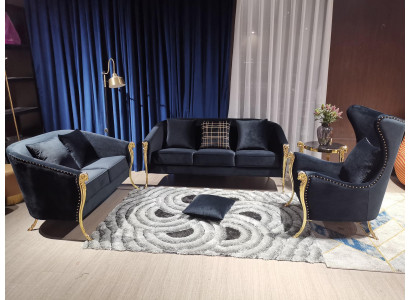 Fauteuil rembourré luxueux en velours noir à 3+2+1 places avec pieds en or