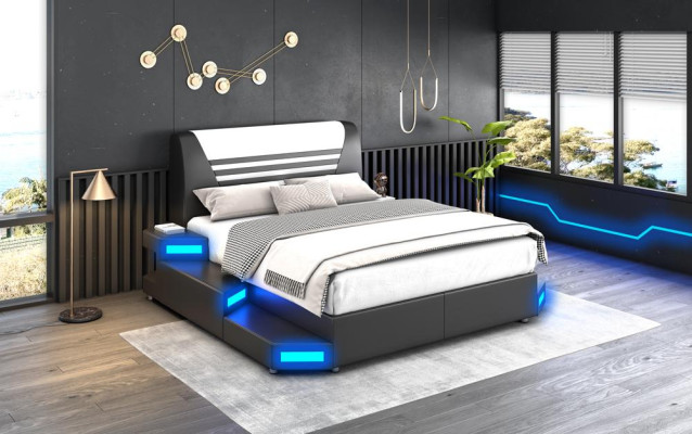 Lit en cuir de chambre à coucher de luxe éclairé par LED 180x200 Meubles Lits