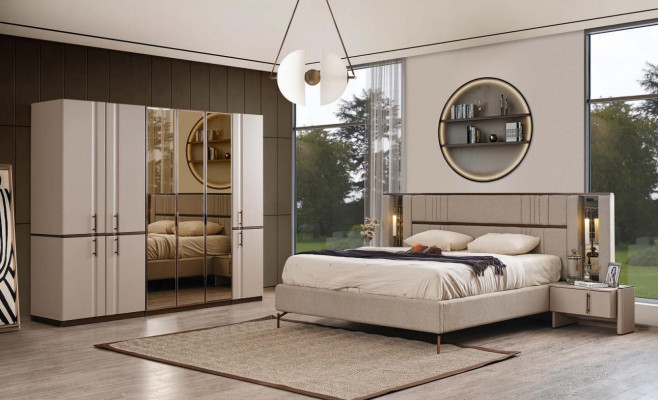 Lit double beige moderne 2x tables de chevet armoire meuble en bois