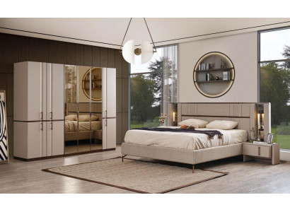 Lit double beige moderne 2x tables de chevet armoire meuble en bois