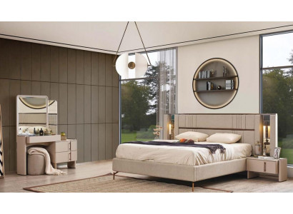 Meubles de chambre modernes Lit double beige 2x tables de chevet Coiffeuse