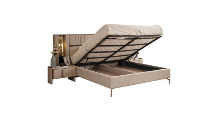 Meubles de chambre modernes Lit double beige 2x tables de chevet Coiffeuse