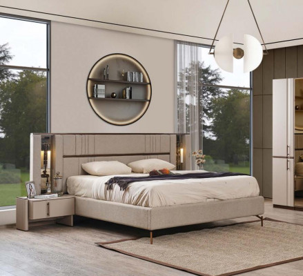 Lit double beige Chambre Lits Lit en cuir synthétique Cadre de lit en bois neuf