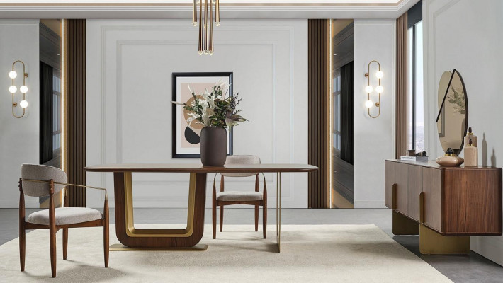 Ensemble de salle à manger Table à manger moderne 4 chaises et buffet avec miroir 7 pièces.