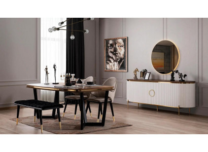 Ensemble de salle à manger composé d'une table à manger, de 4 chaises, d'un tabouret, d'un buffet, d'un miroir, soit 8 pièces.