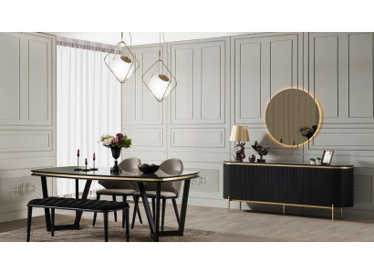 Ensemble de salle à manger moderne comprenant une table à manger, 4 chaises, un buffet, un miroir et un tabouret, neuf.