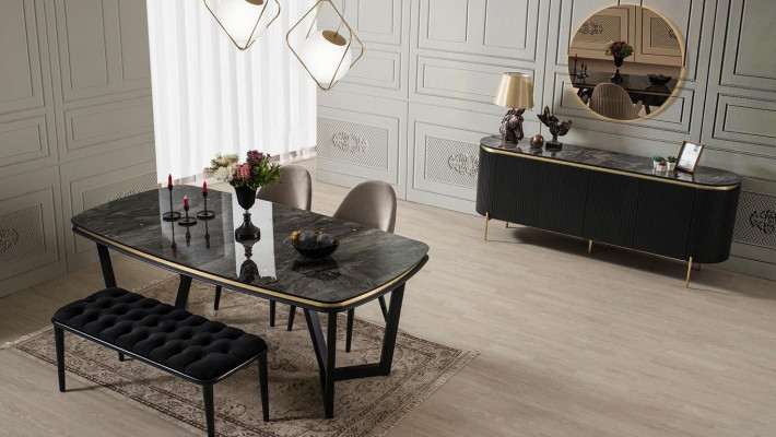 Ensemble de salle à manger moderne comprenant une table à manger, 4 chaises, un buffet, un miroir et un tabouret, neuf.