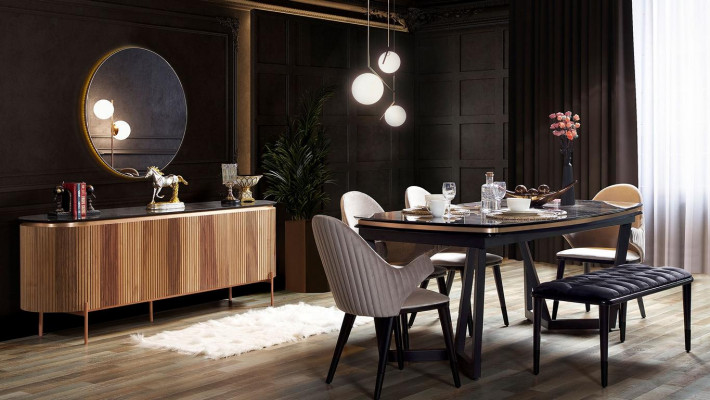 Un ensemble de salle à manger de luxe se compose d'une table à manger, de 4 chaises et d'un buffet, soit 7 pièces.