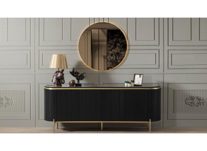 Salle à manger moderne composée d'un bahut noir et d'un miroir en 2 parties.