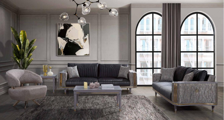 Salon Gris Ensemble de meubles Design Canapés Table basse de luxe Table d'appoint