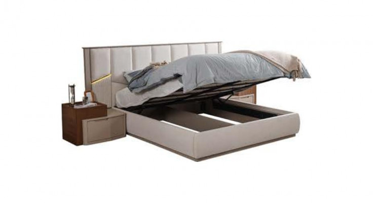 Grande suite de chambre beige Lit double 2x tables de chevet Armoire