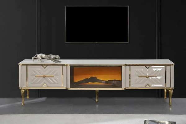 Buffet de salon blanc + cheminée dorée luxueux + meuble TV bas exclusif