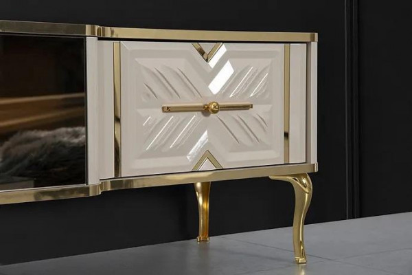 Buffet de salon blanc + cheminée dorée luxueux + meuble TV bas exclusif