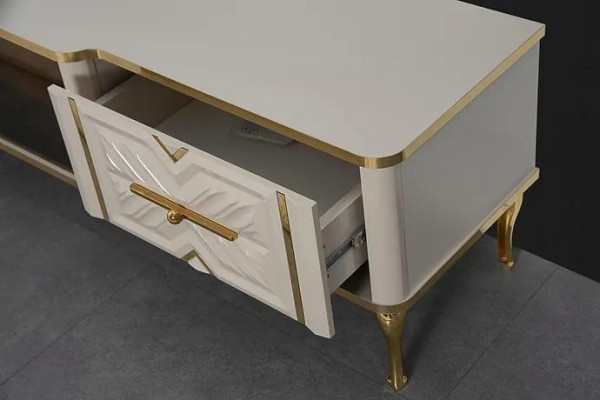 Buffet de salon blanc + cheminée dorée luxueux + meuble TV bas exclusif