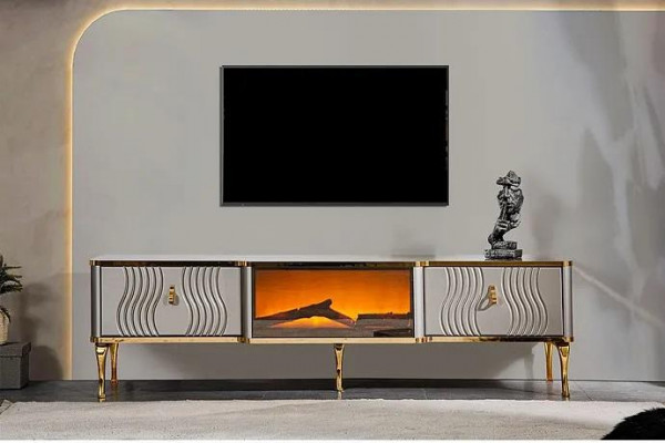 Buffet TV blanc en aggloméré MDF doré + meuble TV en métal pour salon