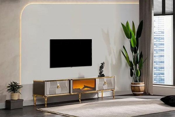Buffet TV blanc en aggloméré MDF doré + meuble TV en métal pour salon