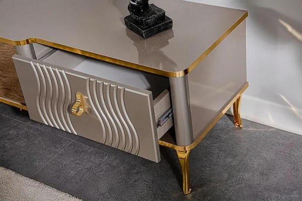 Buffet TV blanc en aggloméré MDF doré + meuble TV en métal pour salon