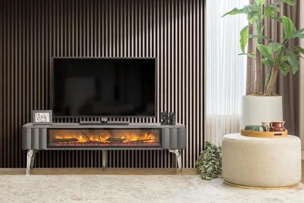 Meuble TV de qualité supérieure avec cheminée MDF métal de couleur grise pour le salon.
