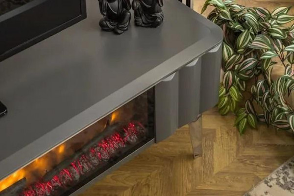 Meuble TV de qualité supérieure avec cheminée MDF métal de couleur grise pour le salon.