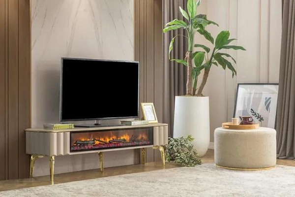 Buffet TV armoire Salon meubles de luxe cheminée beige MDF métal bahut
