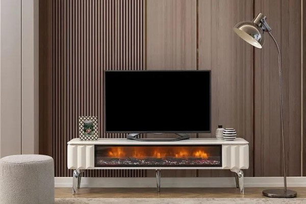 Meuble TV bas en aggloméré blanc métal - meuble de luxe pour salon avec cheminée, neuf
