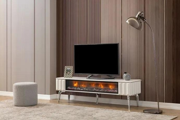 Meuble TV bas en aggloméré blanc métal - meuble de luxe pour salon avec cheminée, neuf