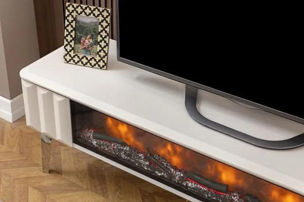 Meuble TV bas en aggloméré blanc métal - meuble de luxe pour salon avec cheminée, neuf
