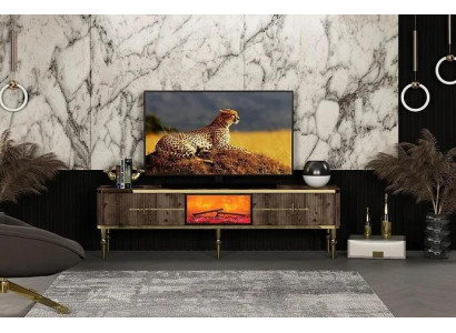 Meuble TV Salon Luxueux en MDF brun foncé + métal doré neuf