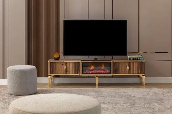 Cheminée de luxe, table TV de mantelpièce, meuble bas de salon en bois brun, bahut.