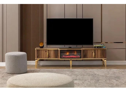 Cheminée de luxe, table TV de mantelpièce, meuble bas de salon en bois brun, bahut.