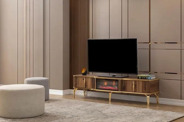 Cheminée de luxe, table TV de mantelpièce, meuble bas de salon en bois brun, bahut.
