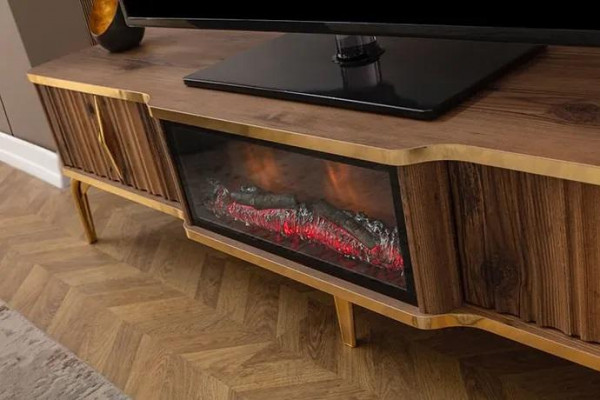 Cheminée de luxe, table TV de mantelpièce, meuble bas de salon en bois brun, bahut.