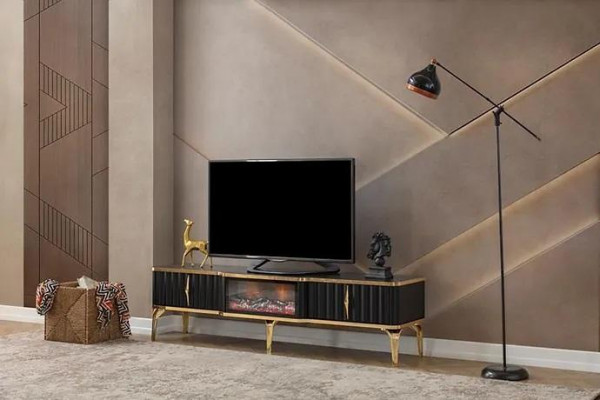 Meuble TV bas noir de luxe neuf MDF métal pour salon