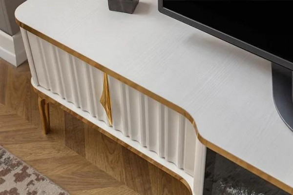 Salle de séjour Meuble TV bas Blanc + or Buffet en MDF Cabinet TV en métal luxe neuf