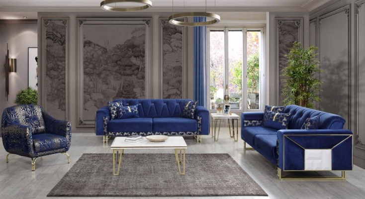 Canapé bleu de luxe Ensemble de designer trois places Table basse Table d'appoint