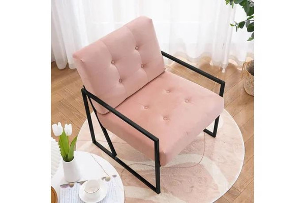 Fauteuil confortable 1 place en tissu rose pour le salon avec pieds en métal.