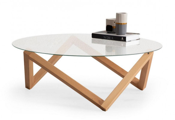 Table basse de style moderne Plateau de table en verre rond Pieds en bois de salon