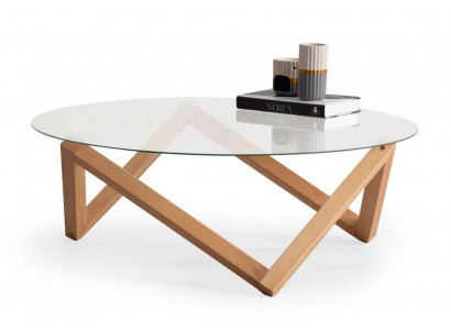 Table basse de style moderne Plateau de table en verre rond Pieds en bois de salon