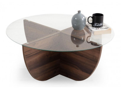 Table basse minimaliste en verre bois, de style moderne avec pieds en X.