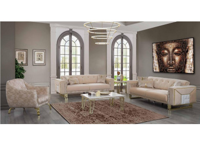 Ensemble de sièges complet de couleur beige pour le salon : canapés, fauteuils luxueux et table basse.