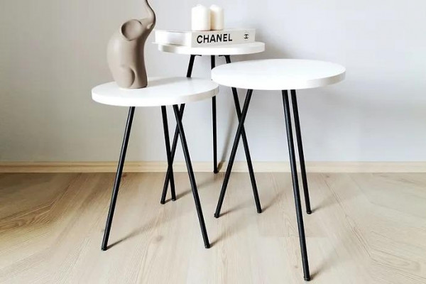 Salle de séjour Table basse Table d'appoint Ensemble 3x Moderne Blanc MDF pieds métalliques