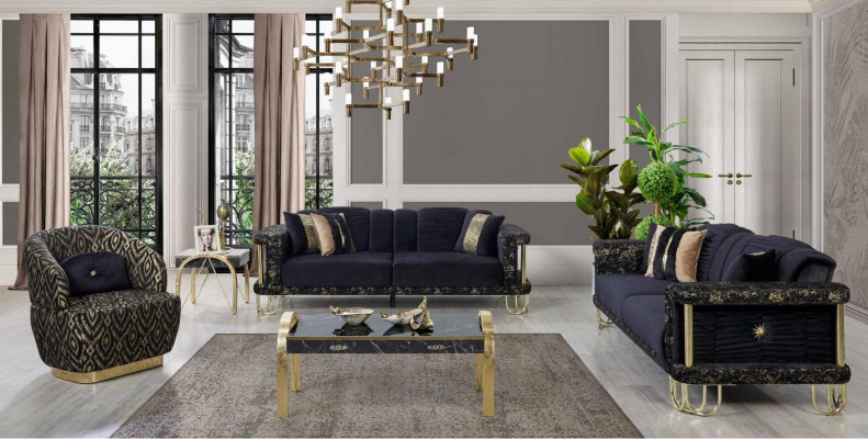 Ensemble de canapés noirs 2x Trois places Fauteuil Rembourré Siège de meuble moderne
