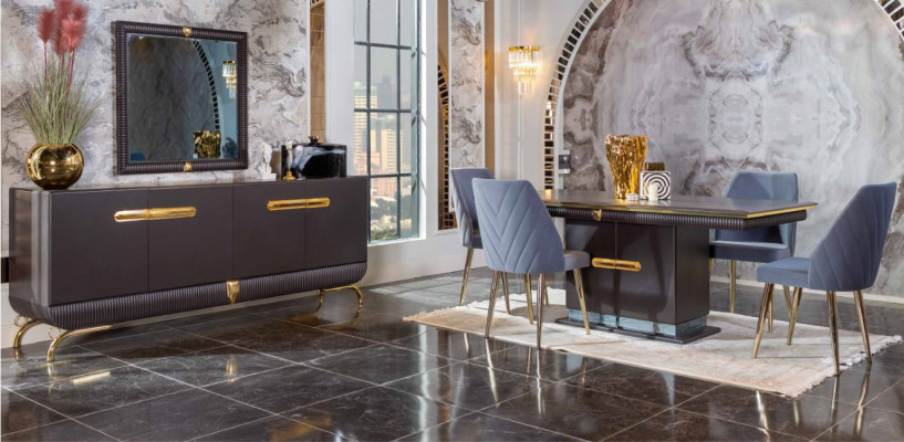 Salle à manger en acier inoxydable Ensemble de Designer Table à manger 4x Chaises Commode 7 pièces