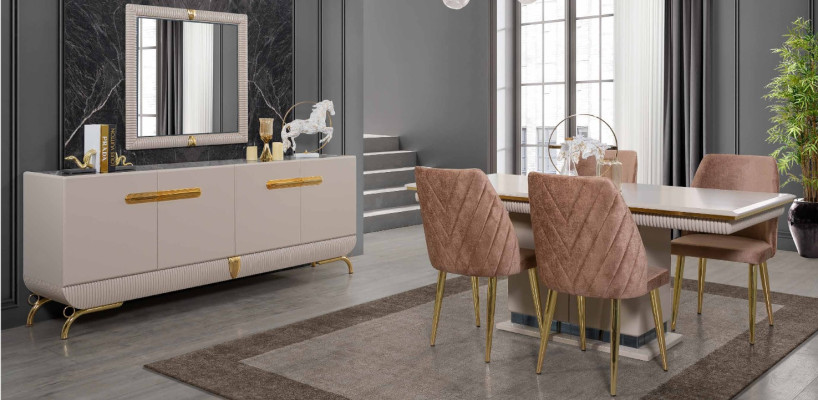Mobilier de salle à manger en acier inoxydable exclusif Ensemble de salle à manger Commode Miroir