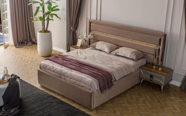 Ensemble chambre beige Moderne Lit double Armoire en verre 4 pièces
