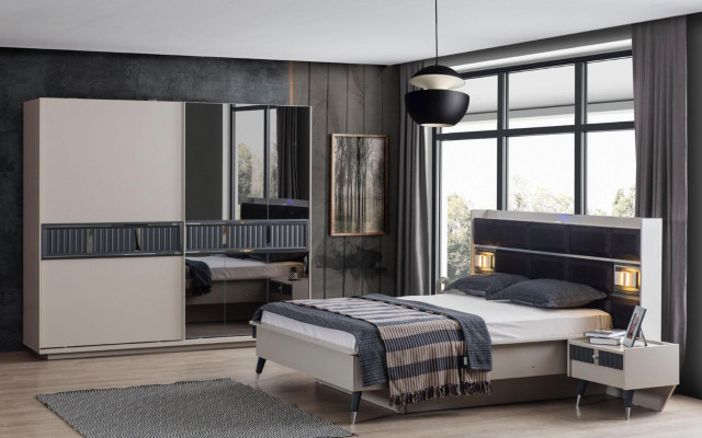 Mobilier de chambre gris Lit de designer 2x tables de chevet Armoire en bois 4 pièces