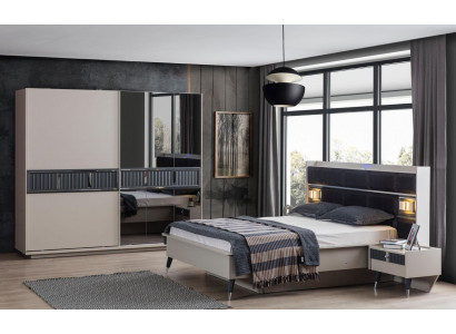 Mobilier de chambre gris Lit de designer 2x tables de chevet Armoire en bois 4 pièces