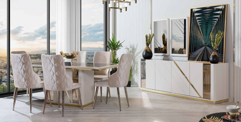 Ensemble salle à manger en acier inoxydable beige comprenant une table à manger design et 6 chaises, commode.